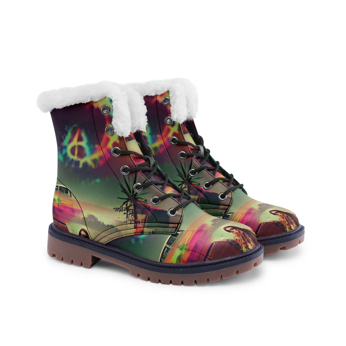 Hippie Art Zone - Abstract Hippie Faux Fur Leather Boots