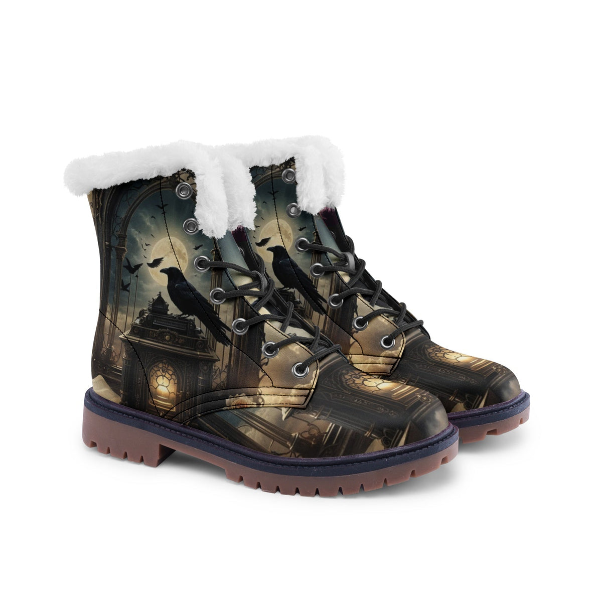 Hippie Art Zone - Witchy Night Crow Faux Fur Leather Boots, Dark and Mysterious Gothic Style