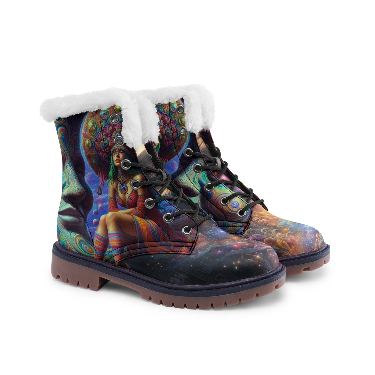 Hippie Art Zone - Smiling Moon Boho Faux Fur Leather Boots, Unique Bohemian Style Footwear