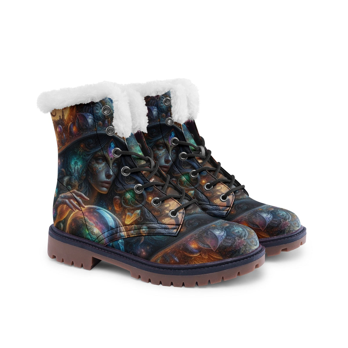 Hippie Art Zone - Galaxy Witch Faux Fur Leather Boots for Mystical Hippies