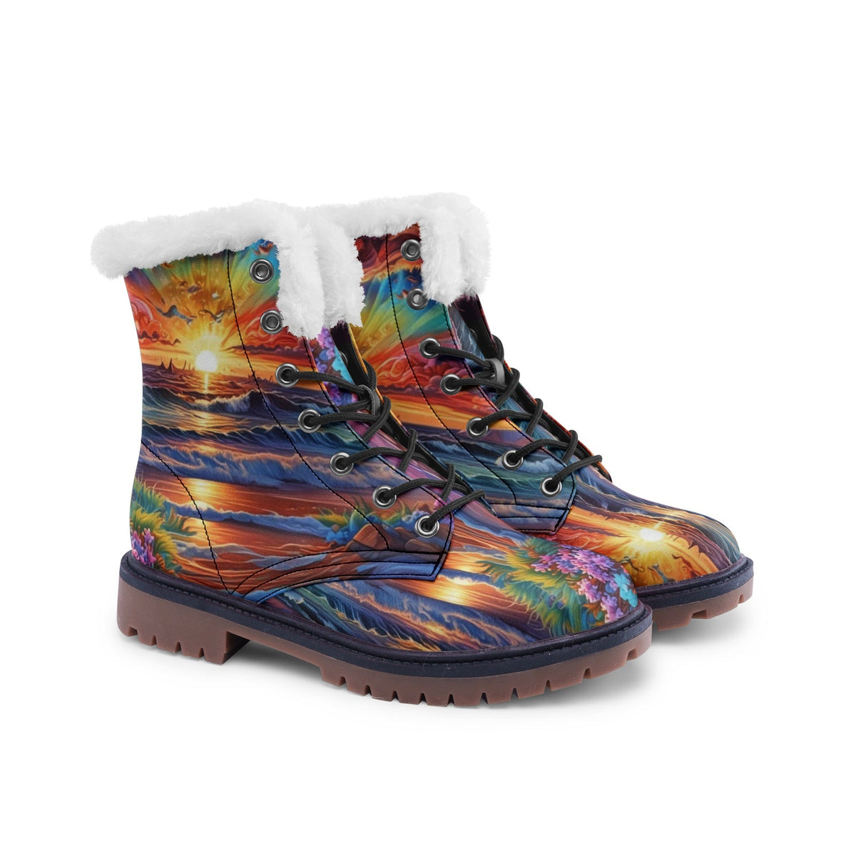 Hippie Art Zone - Colorful Sunset Beach Faux Fur Leather Boots, Vibrant Hippie Style Footwear