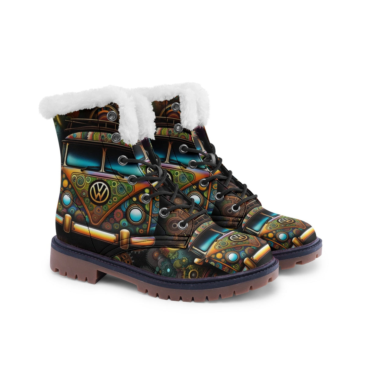 Hippie Art Zone - Hippie Bus Printed Faux Fur Boots, Stylish and Creative