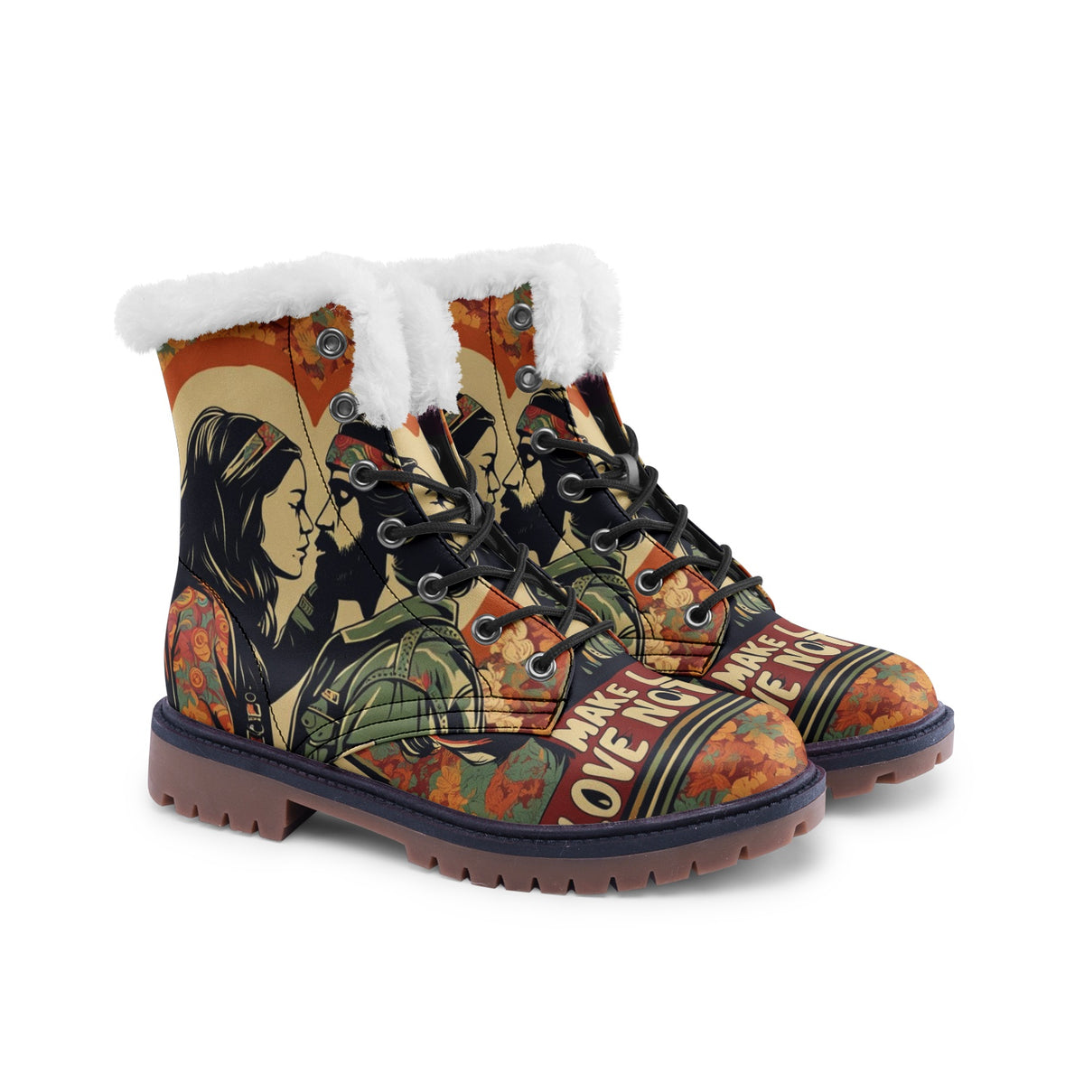 Hippie Art Zone - Love Not War Faux Fur Leather Boots For Hippie