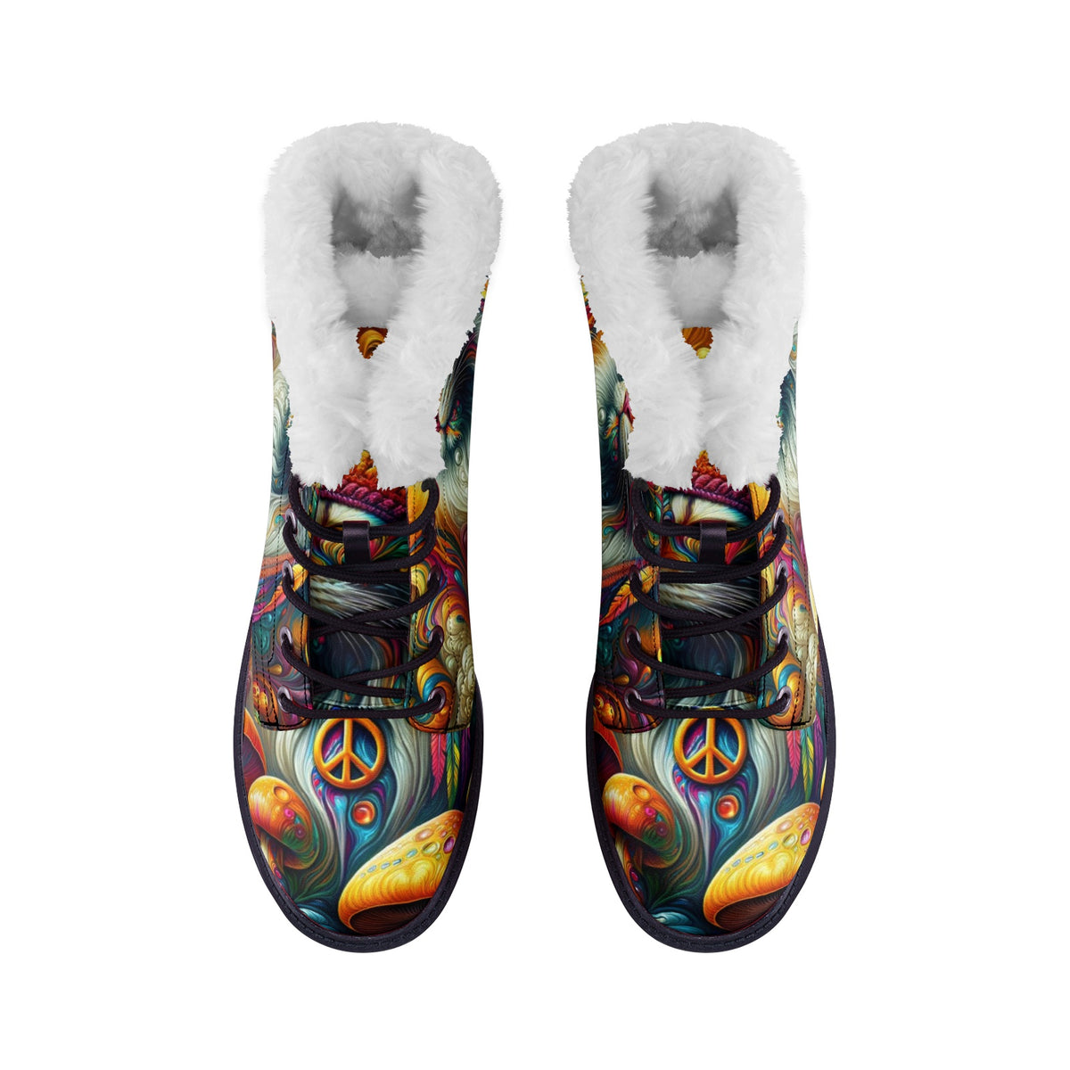 Hippie Art Zone - Cat &amp; Mushroom Colorful Leather Boots For Hippies