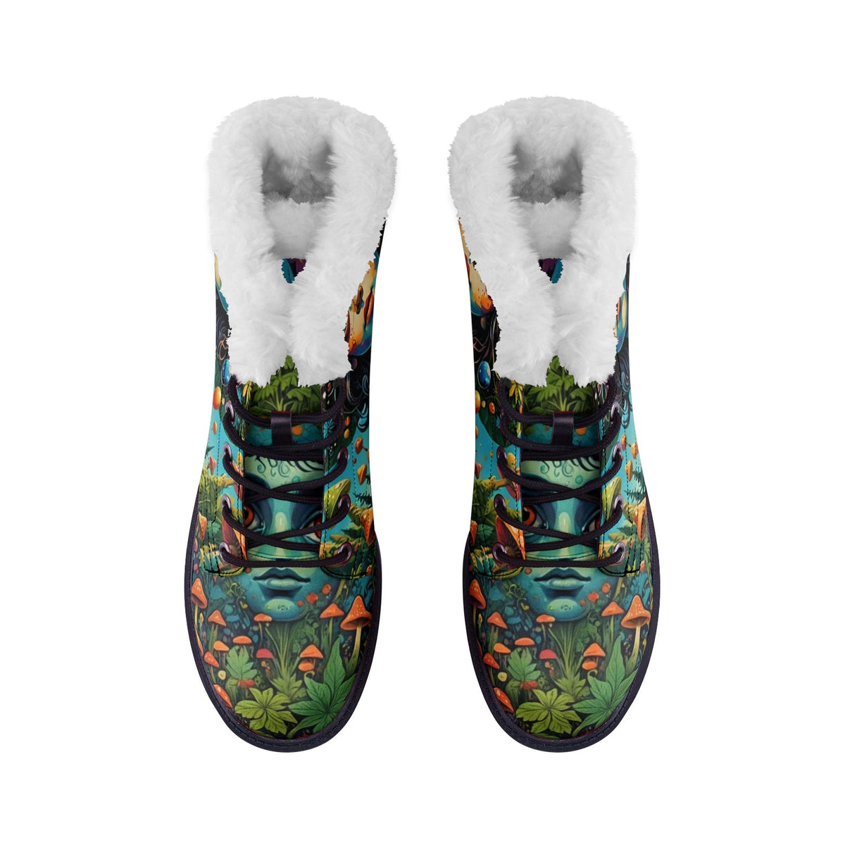 Hippie Art Zone - Forest Girl &amp; Magic Mushrooms Faux Fur Leather Boots ? Nature-Loving Hippie Style