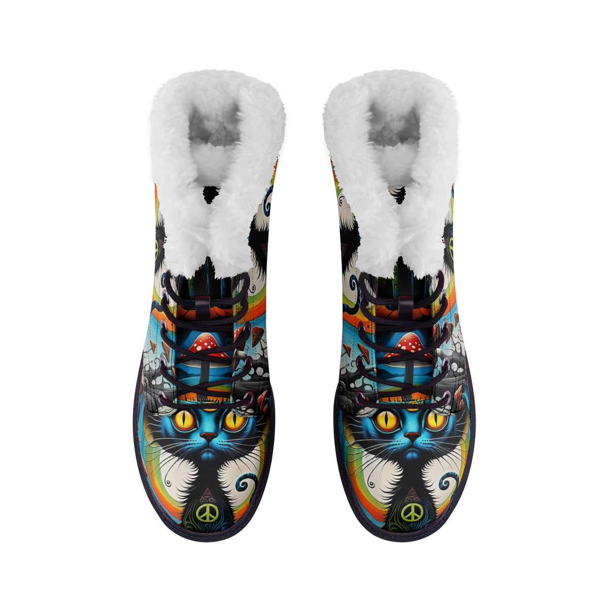 Hippie Art Zone - Cats And Mushrooms Faux Fur Leather Boots For Hippie