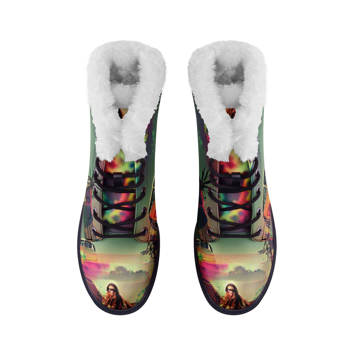 Hippie Art Zone - Abstract Hippie Faux Fur Leather Boots