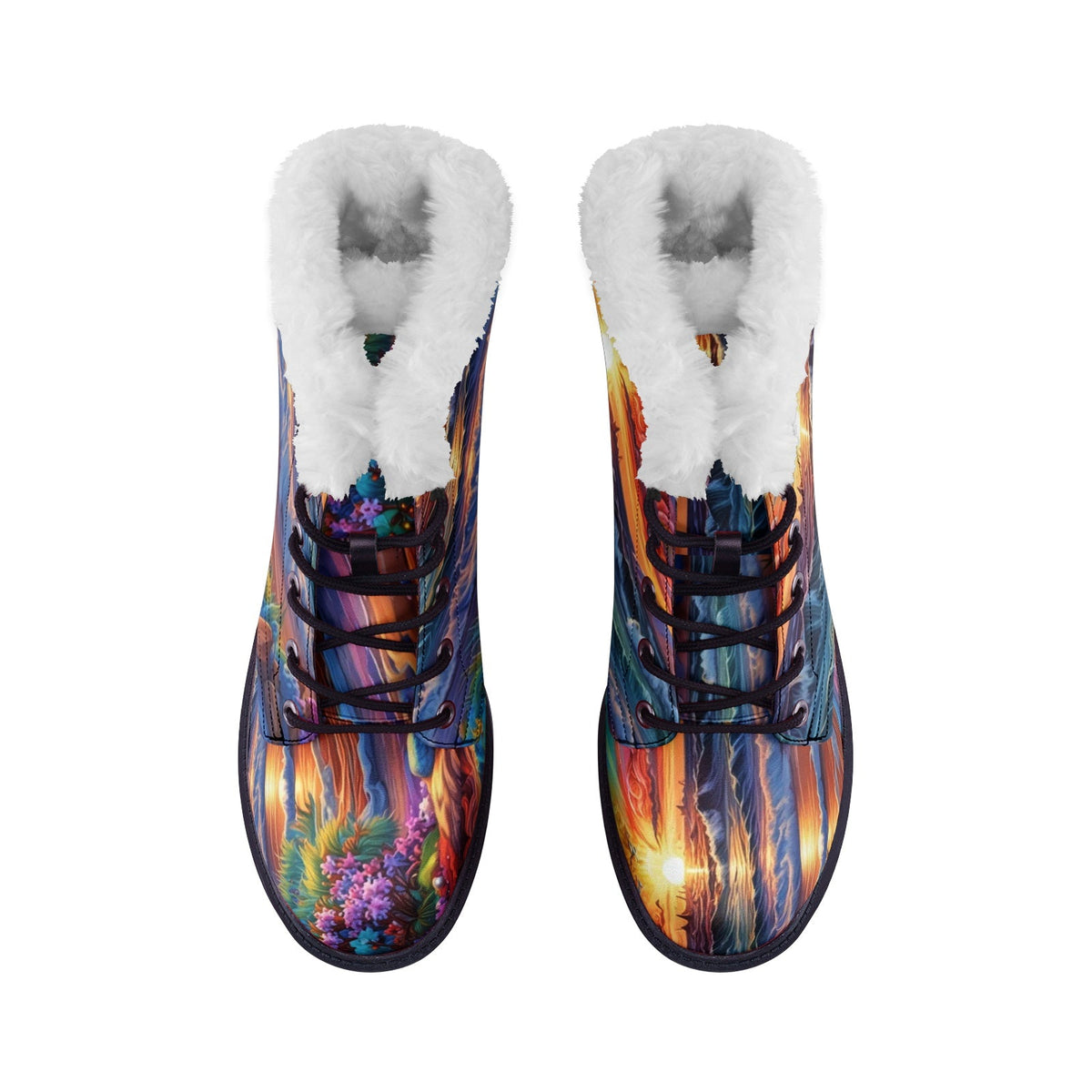 Hippie Art Zone - Colorful Sunset Beach Faux Fur Leather Boots, Vibrant Hippie Style Footwear