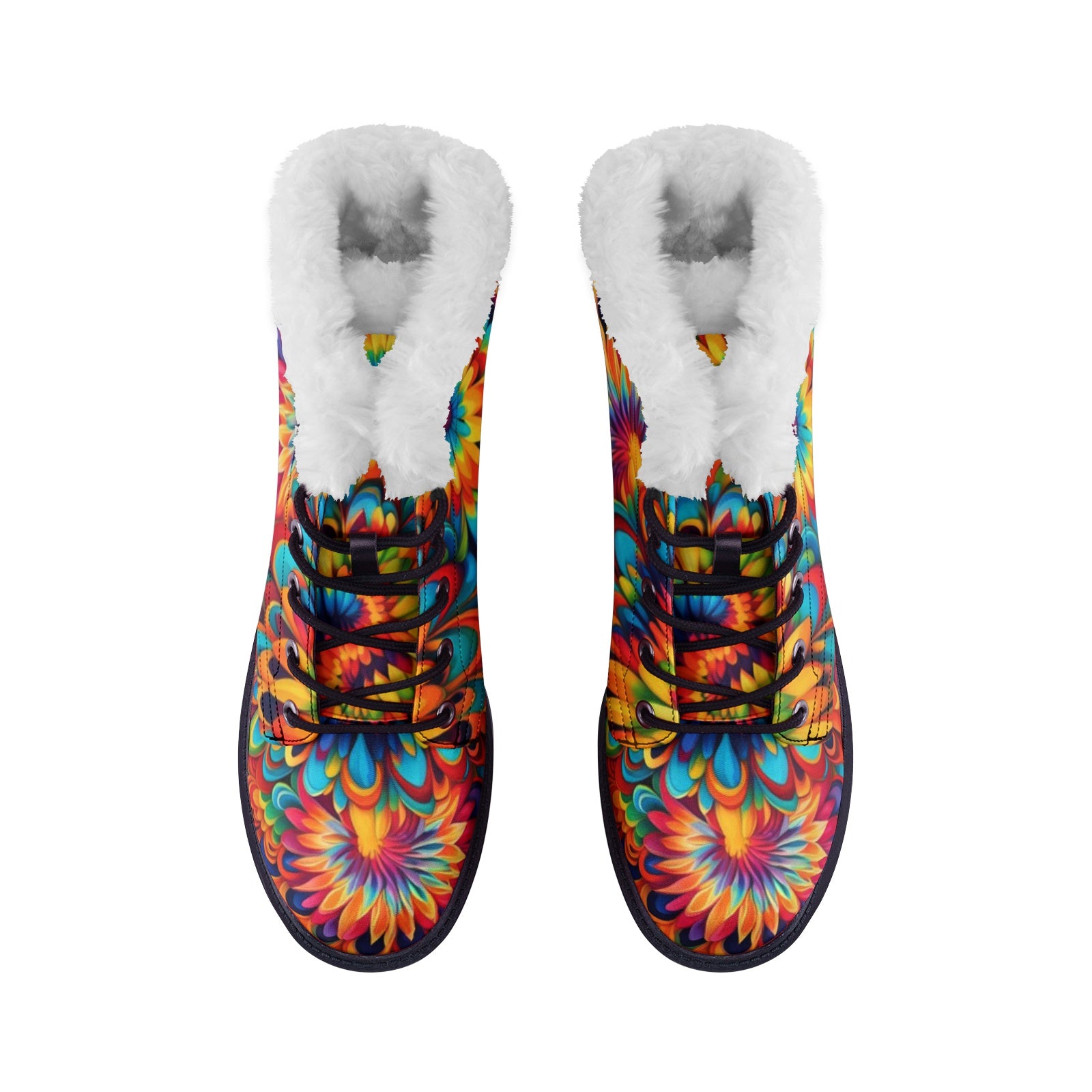 Hippie Art Zone - Colorful Floral Faux Fur Leather Boots For Hippie