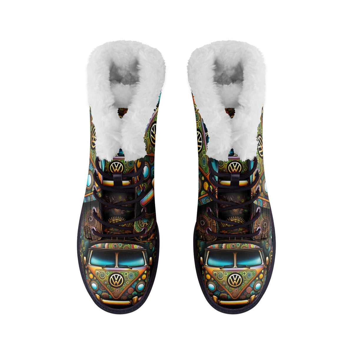 Hippie Art Zone - Hippie Bus Printed Faux Fur Boots, Stylish and Creative