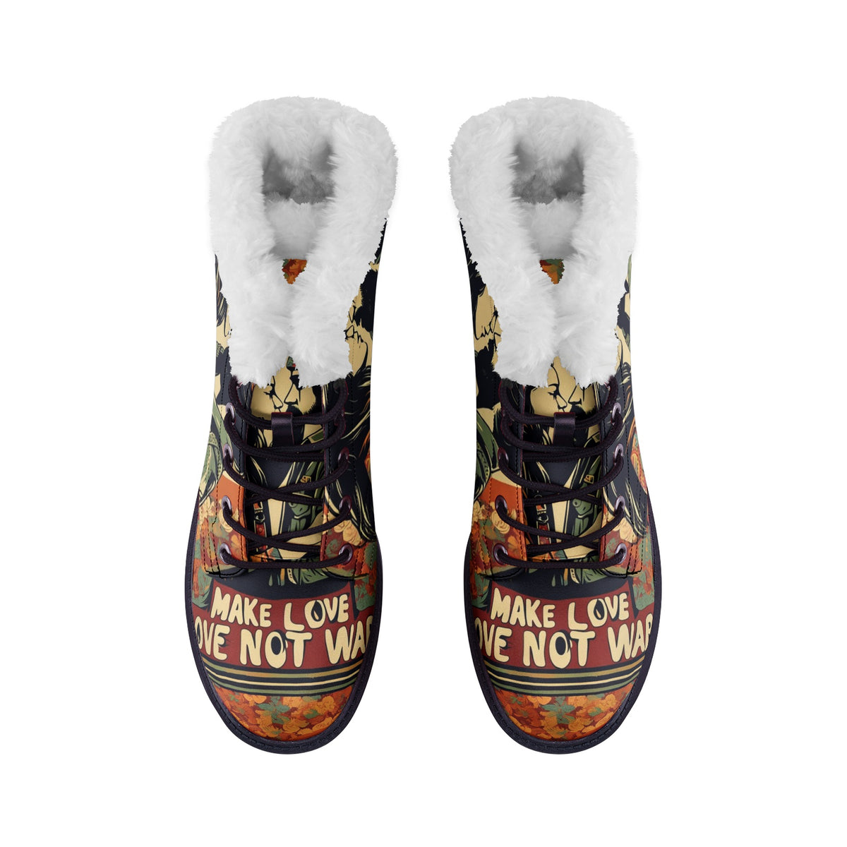 Hippie Art Zone - Love Not War Faux Fur Leather Boots For Hippie