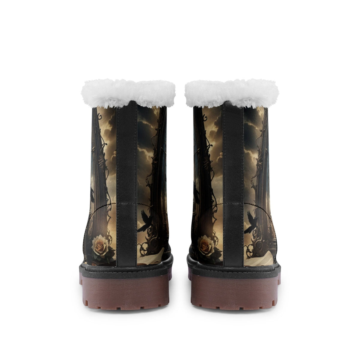 Hippie Art Zone - Witchy Night Crow Faux Fur Leather Boots, Dark and Mysterious Gothic Style