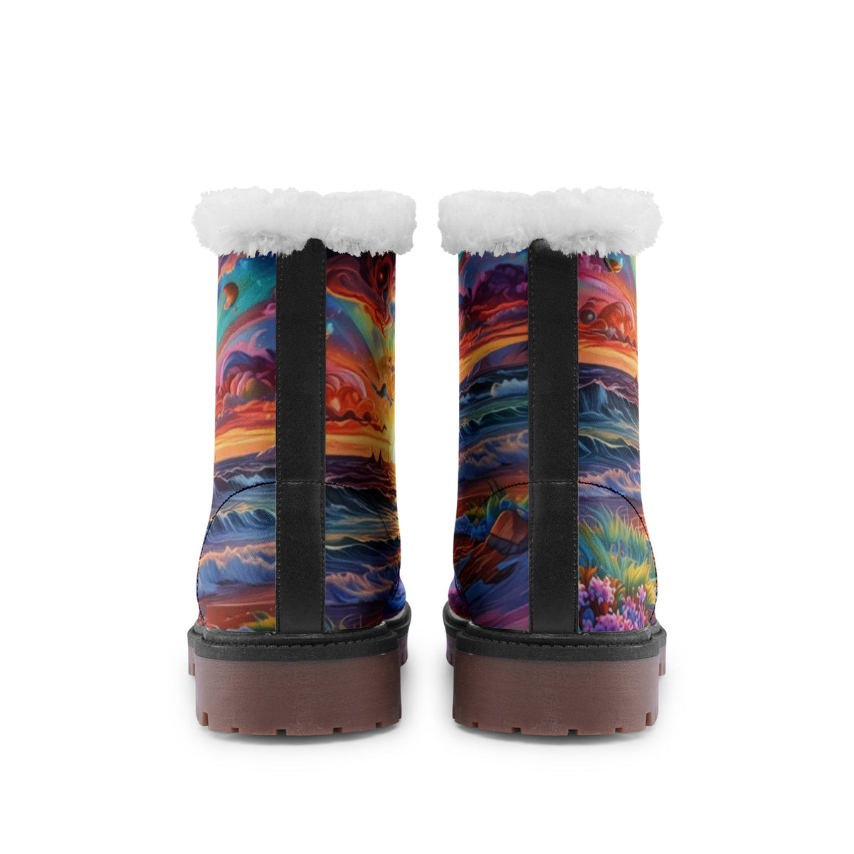 Hippie Art Zone - Colorful Sunset Beach Faux Fur Leather Boots, Vibrant Hippie Style Footwear