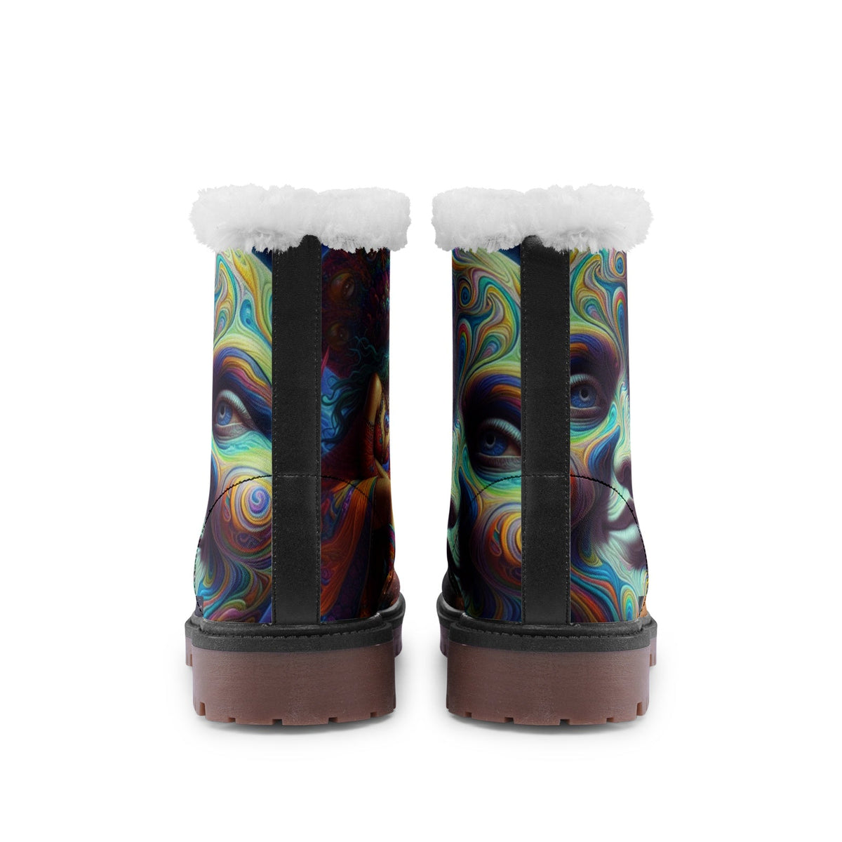 Hippie Art Zone - Smiling Moon Boho Faux Fur Leather Boots, Unique Bohemian Style Footwear