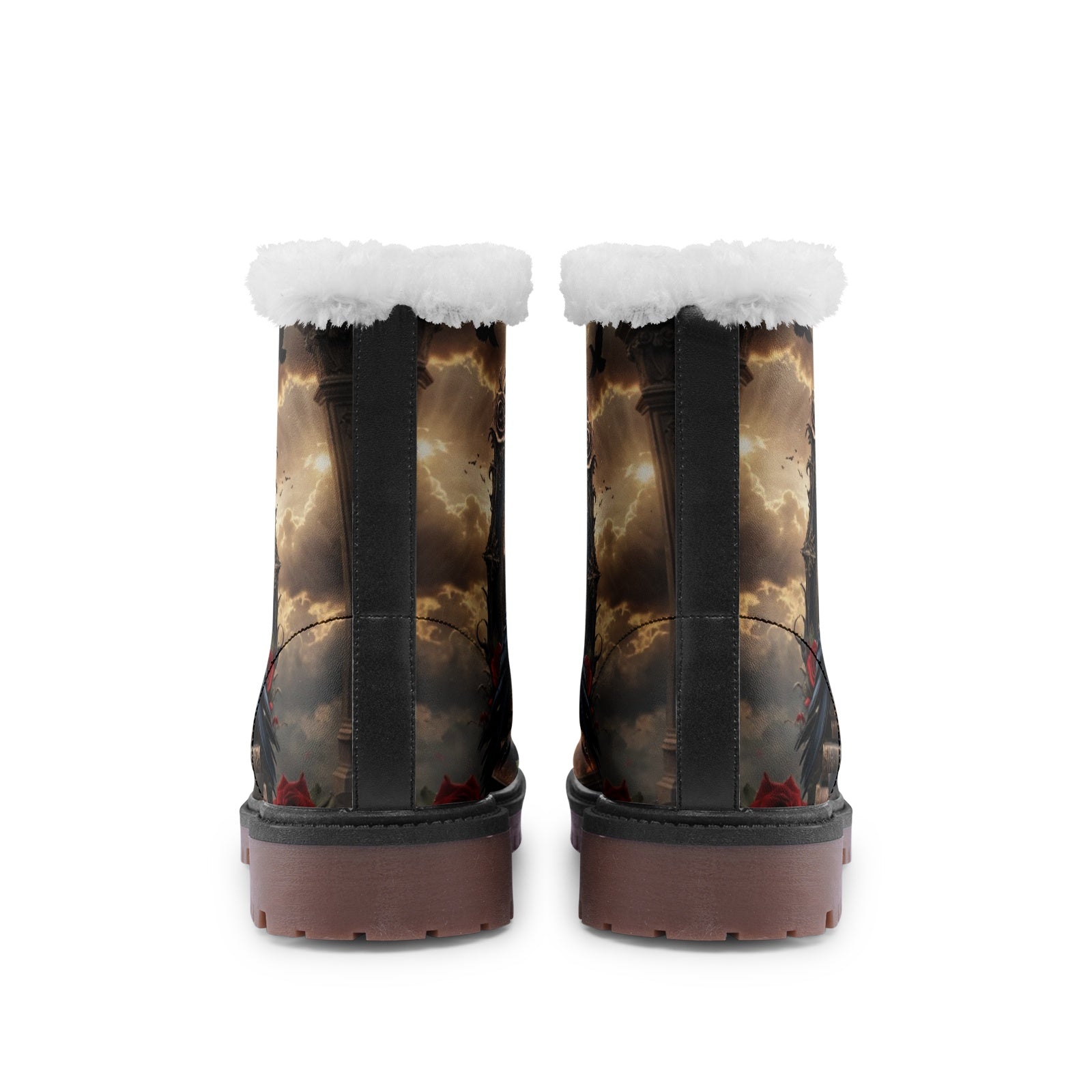 Hippie Art Zone - Mystical Crow Witchy Night Faux Fur Leather Boots, Enigmatic Dark Style Footwear