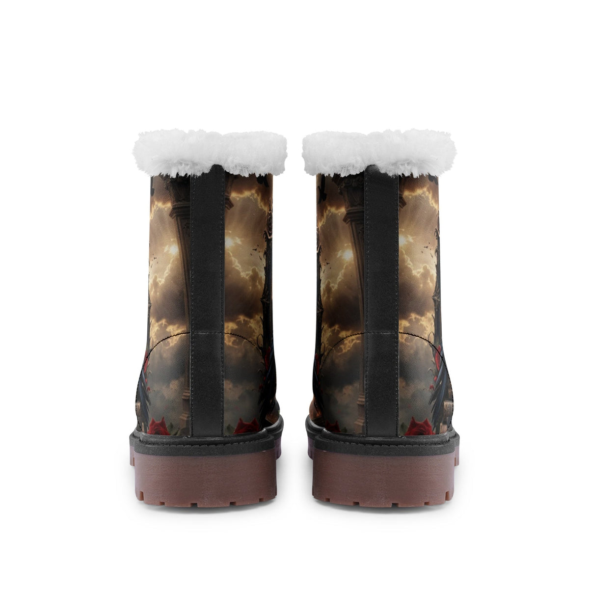 Hippie Art Zone - Mystical Crow Witchy Night Faux Fur Leather Boots, Enigmatic Dark Style Footwear