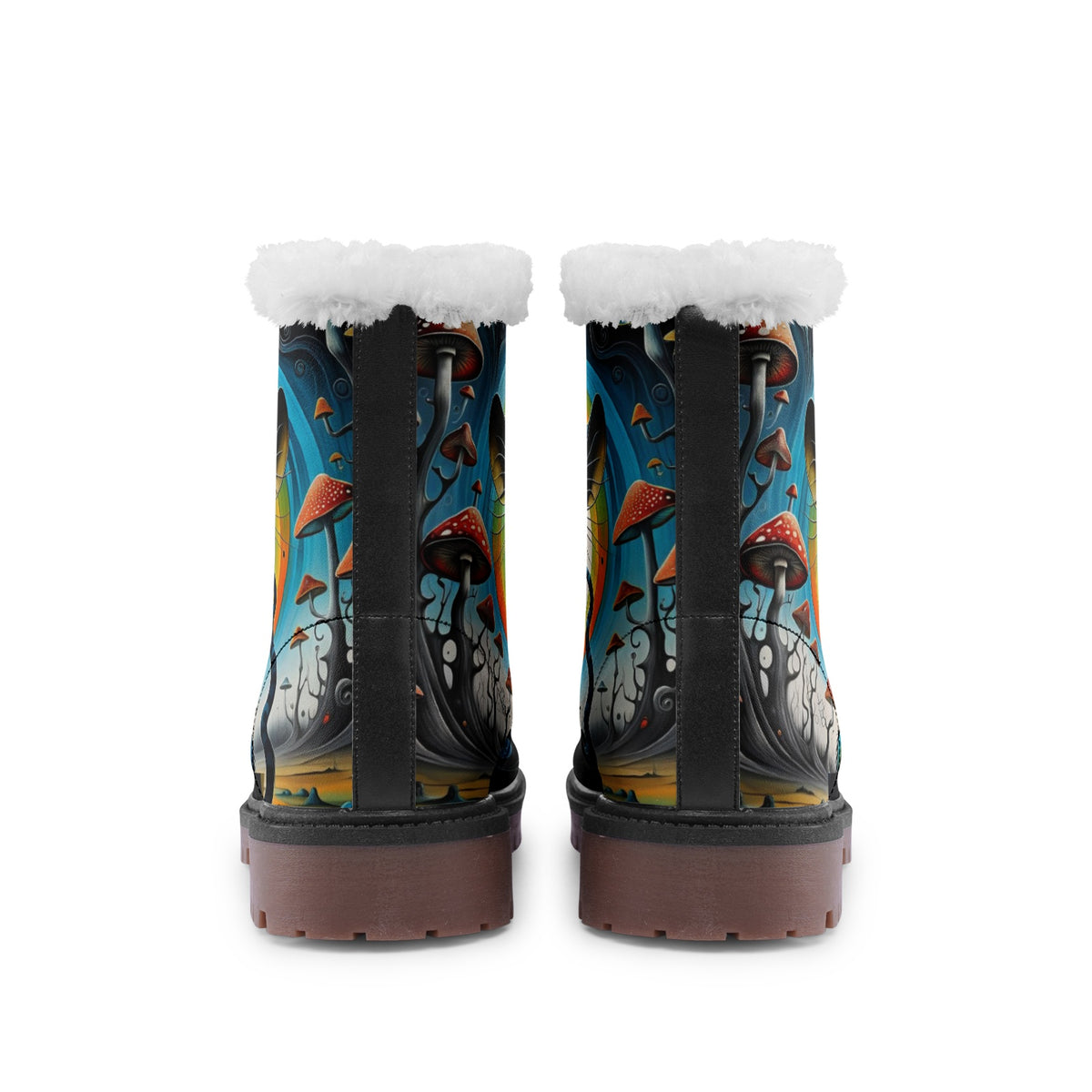 Hippie Art Zone - Cats And Mushrooms Faux Fur Leather Boots For Hippie