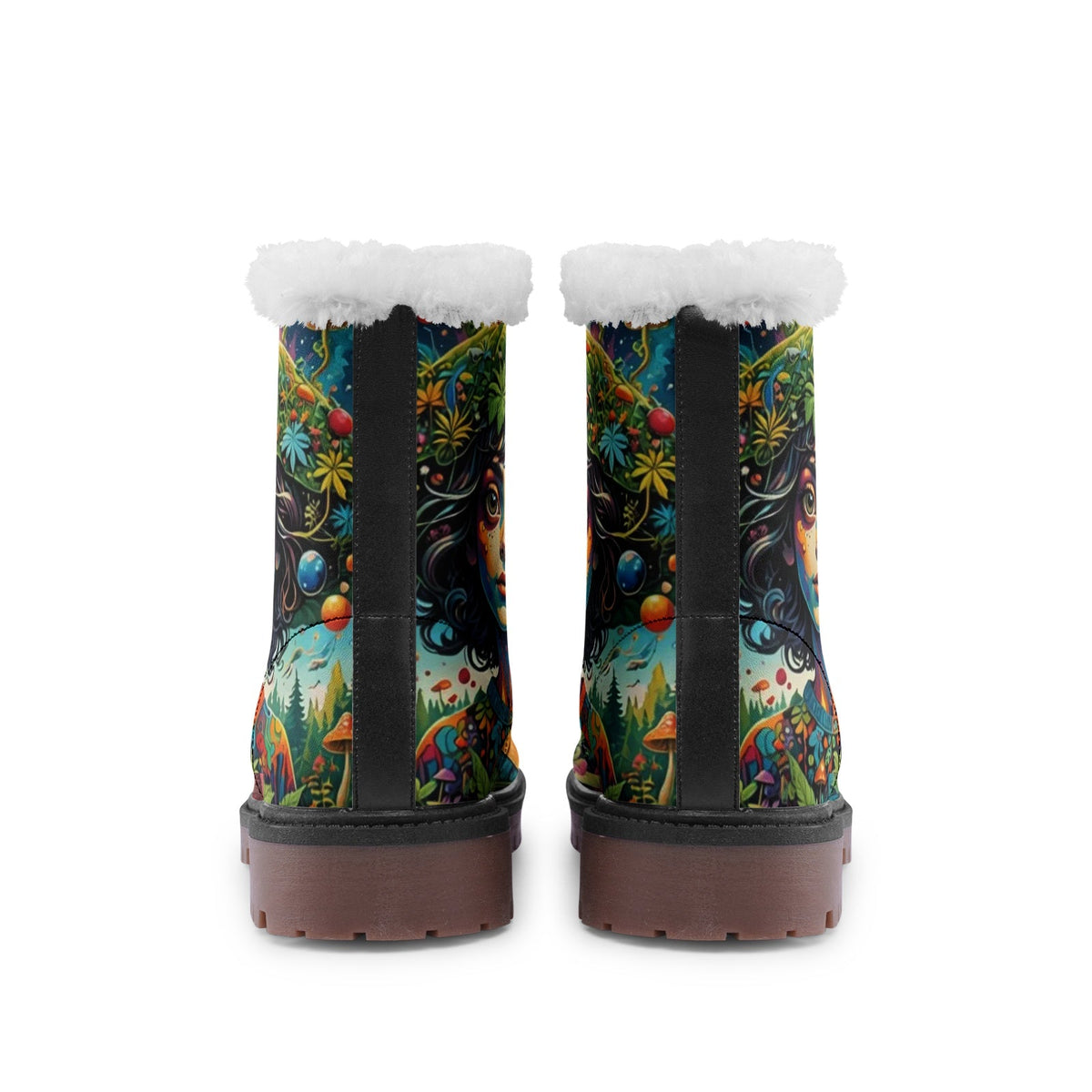 Hippie Art Zone - Forest Girl &amp; Magic Mushrooms Faux Fur Leather Boots ? Nature-Loving Hippie Style