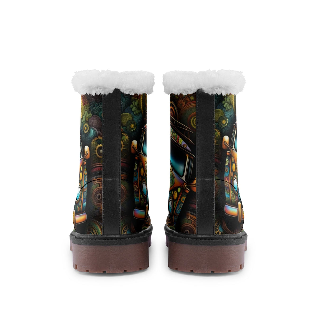 Hippie Art Zone - Hippie Bus Printed Faux Fur Boots, Stylish and Creative