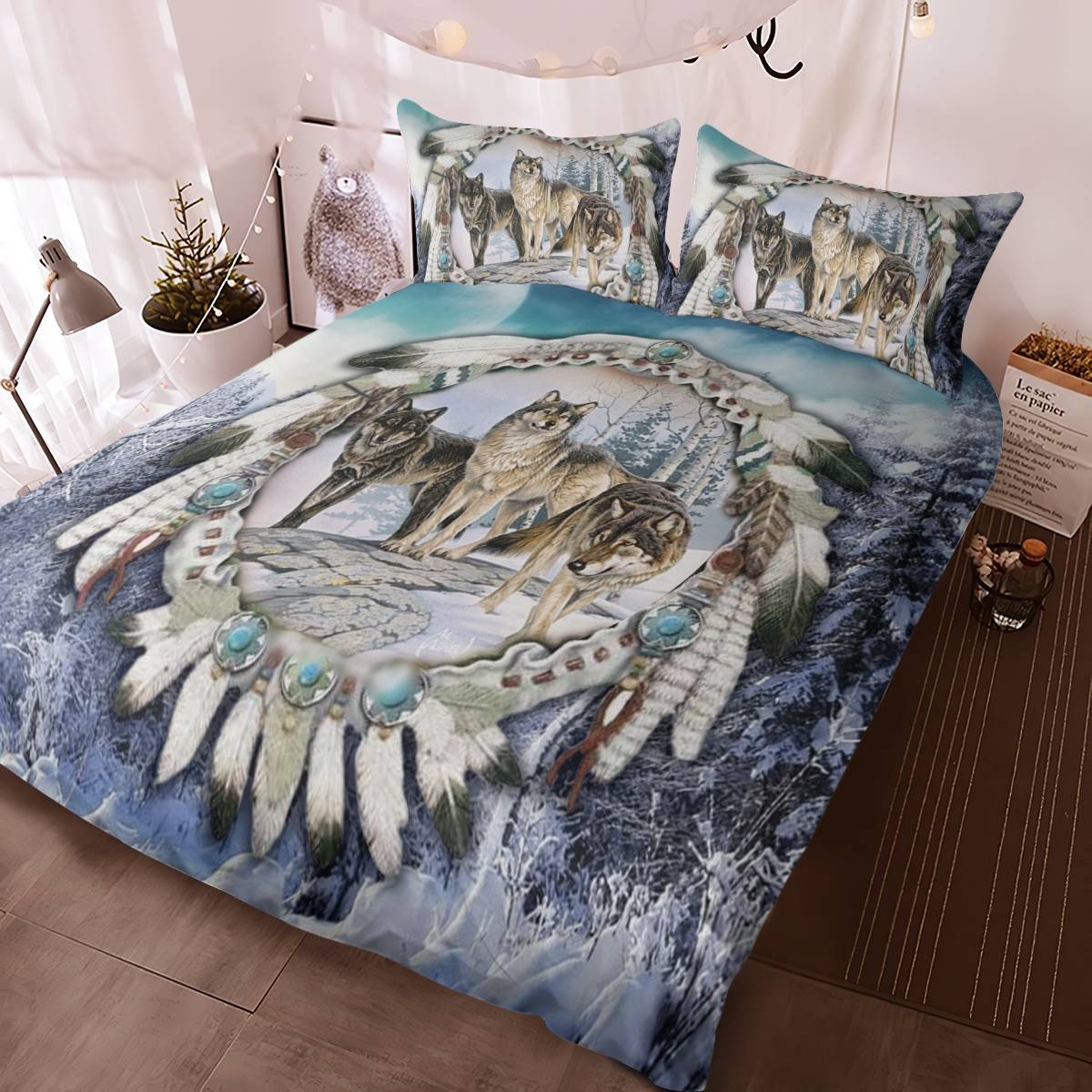 hippieartzone - Native American Wolf Spirit On Dreamcatcher Bedding Set