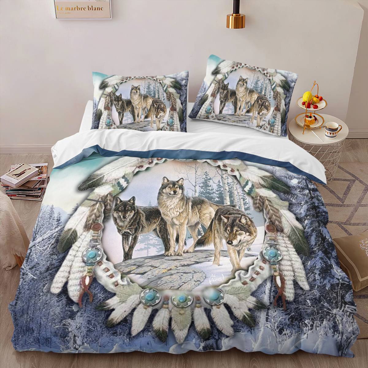 hippieartzone - Native American Wolf Spirit On Dreamcatcher Bedding Set