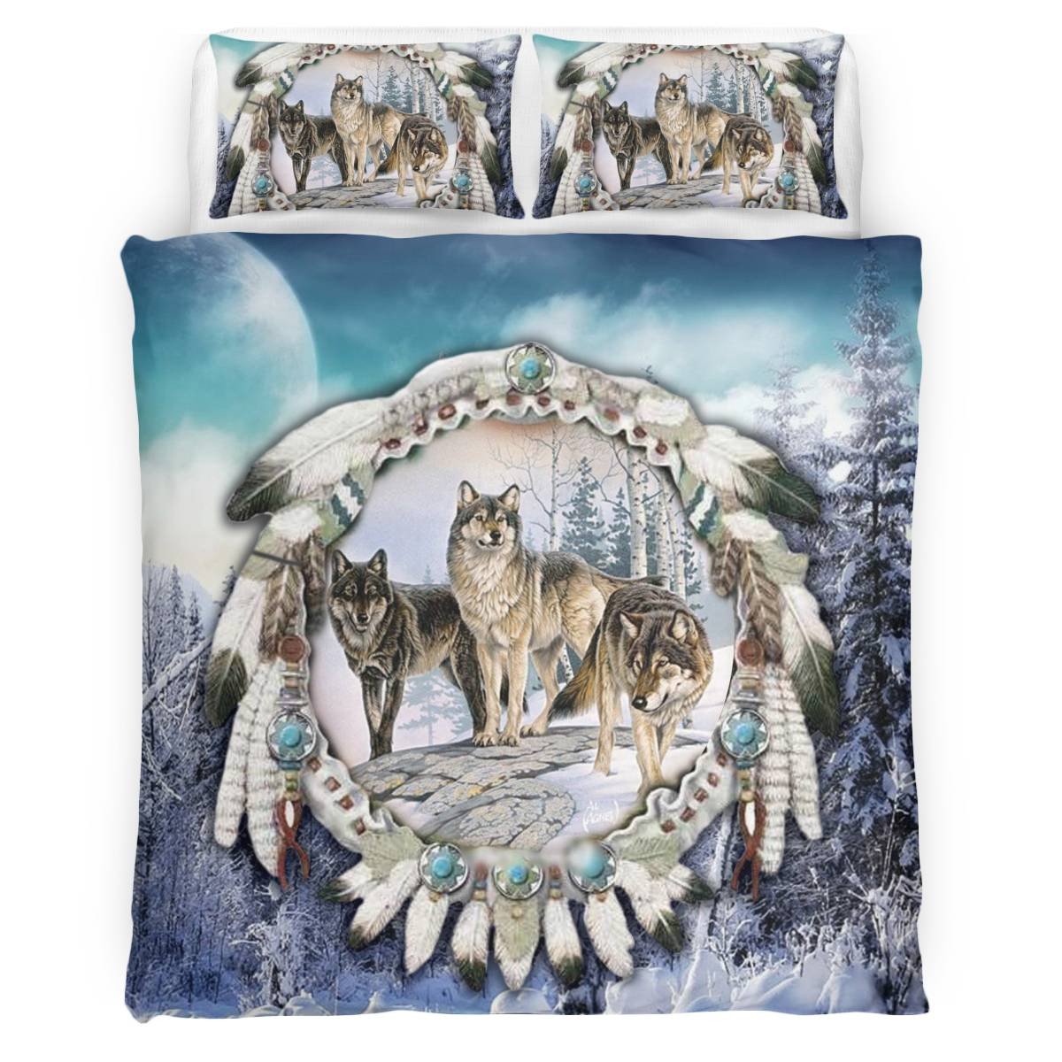 hippieartzone - Native American Wolf Spirit On Dreamcatcher Bedding Set
