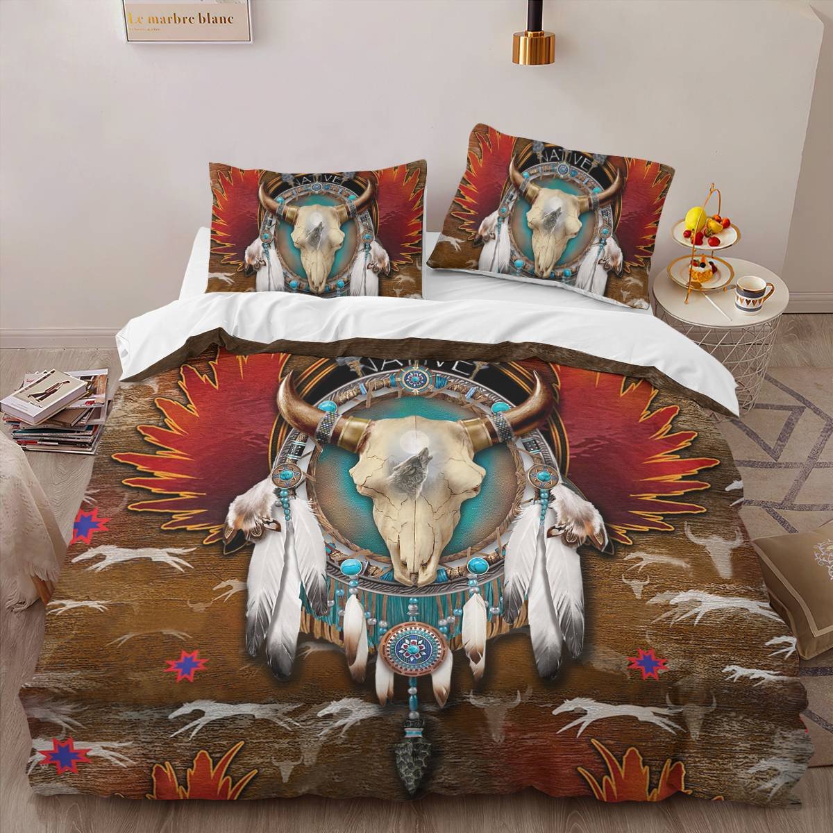 hippieartzone - Native American Bison Skull Bedding Set