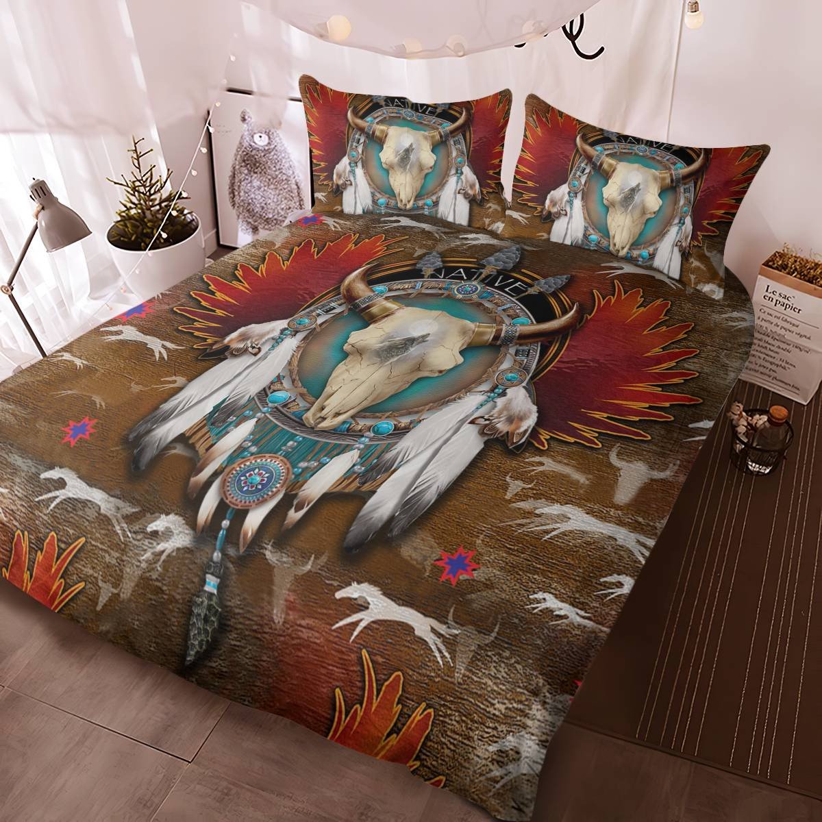 hippieartzone - Native American Bison Skull Bedding Set