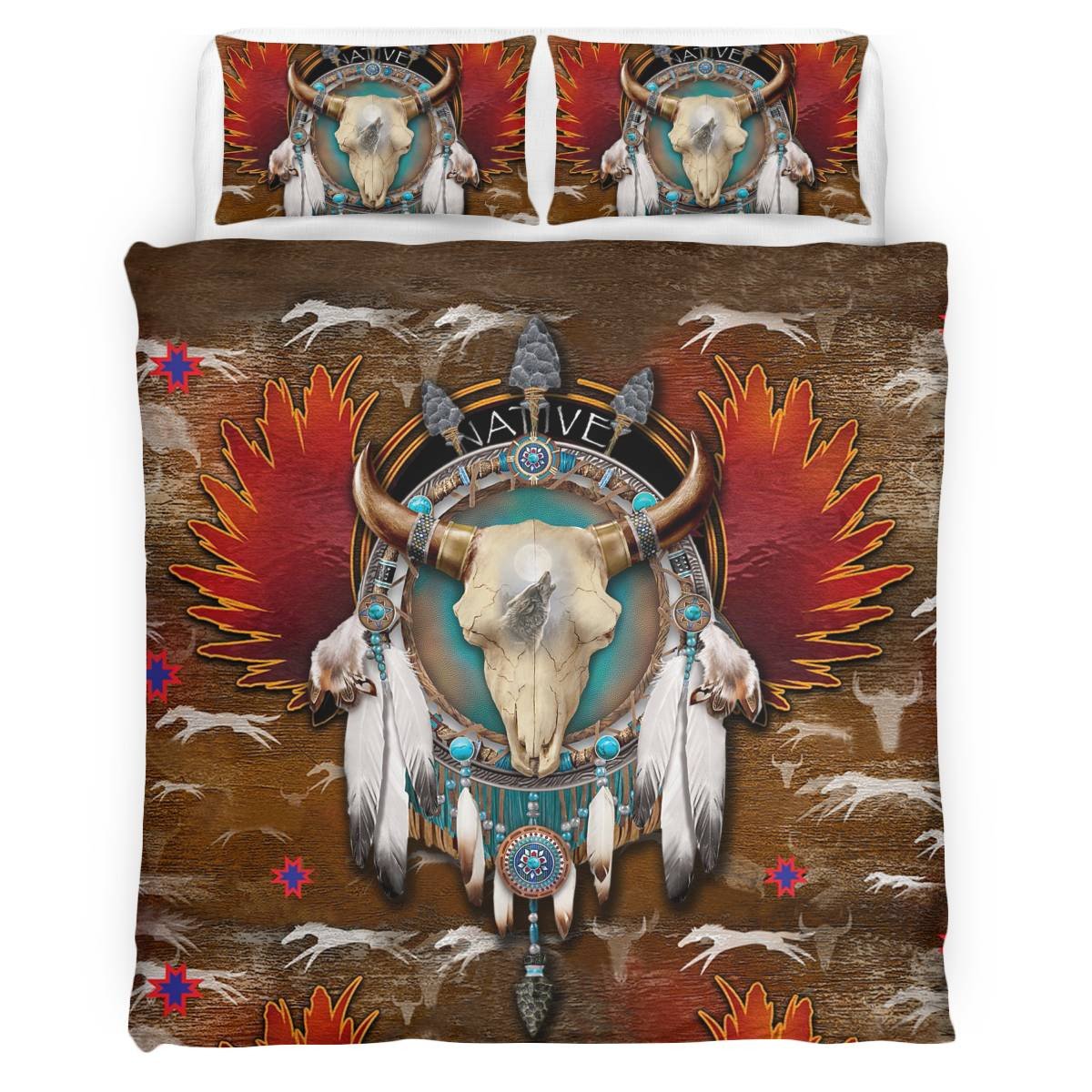 hippieartzone - Native American Bison Skull Bedding Set
