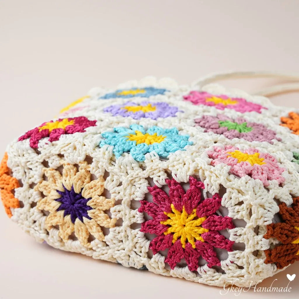 Handmade White Sunflower Pattern Vertical Shoulder Bag For Hippie