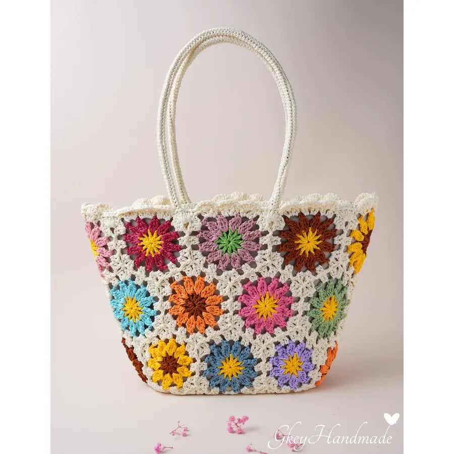 Handmade White Sunflower Pattern Vertical Shoulder Bag For Hippie