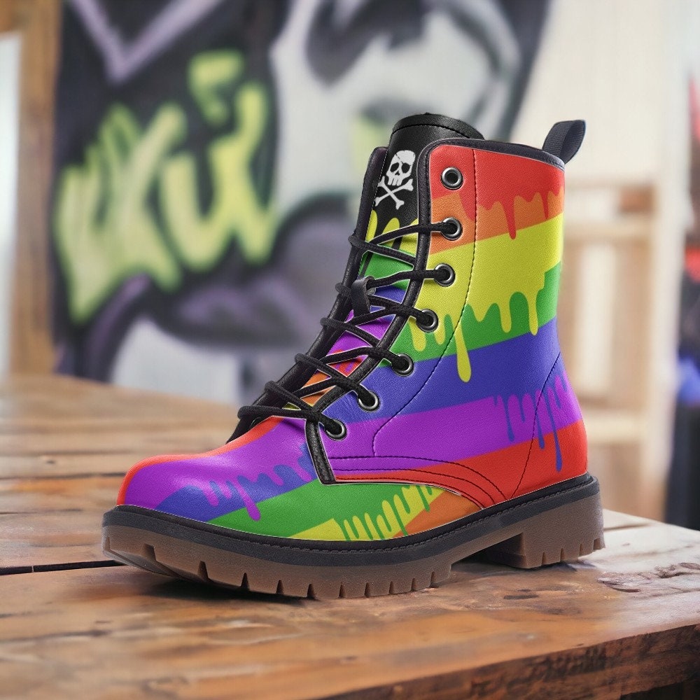 Hippie Art Zone - Dripping Rainbow Stripe / Gothic, Punk, Combat Boots In Unisex