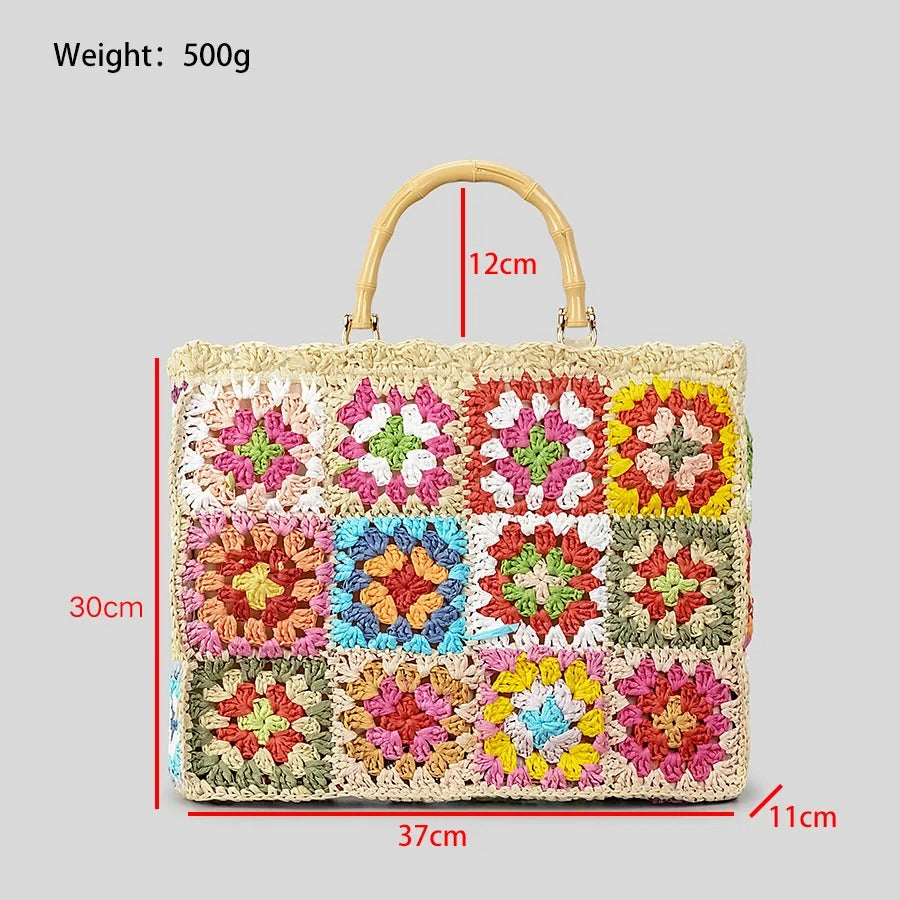 hippieartzone - Bohemian Granny Square Staw Handbags.