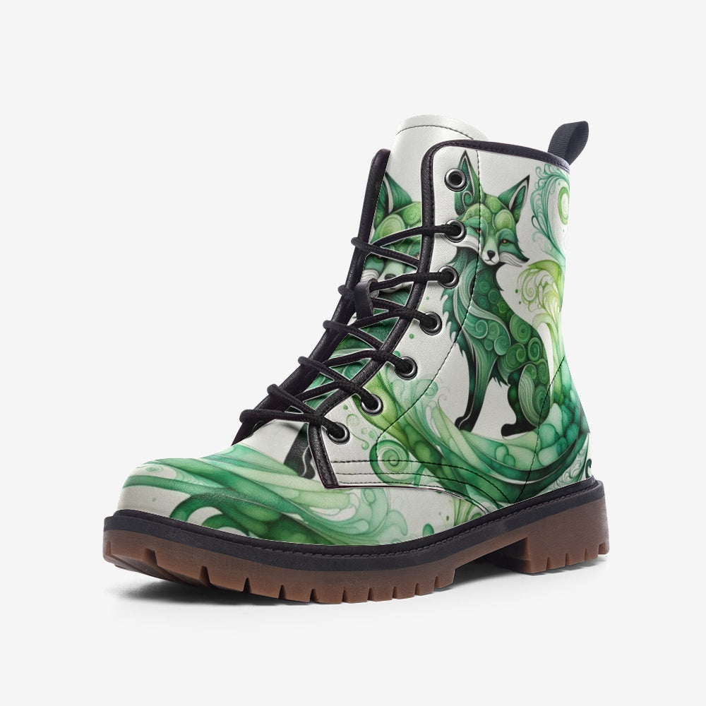 Hippie Art Zone - Vibrant Green Fox Casual Leather Lightweight Boots For Hippies