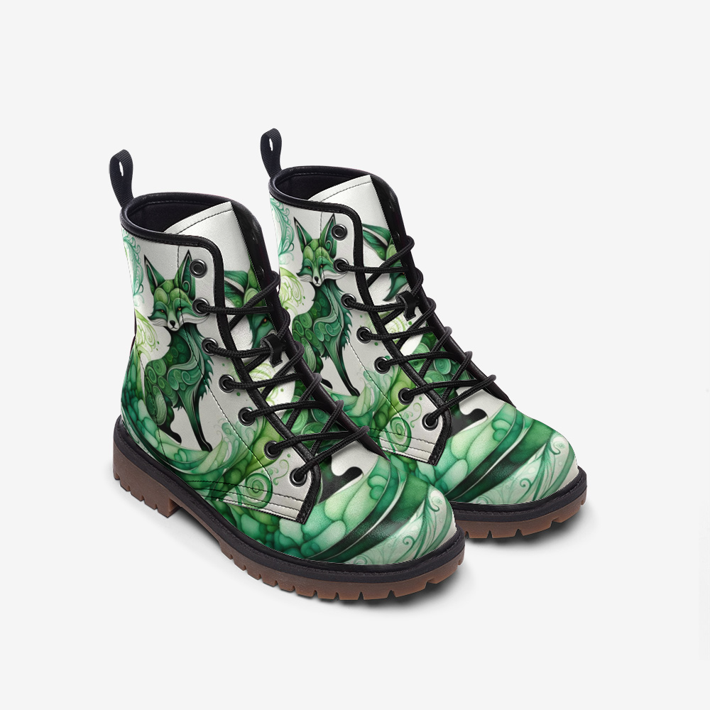 Hippie Art Zone - Vibrant Green Fox Casual Leather Lightweight Boots For Hippies