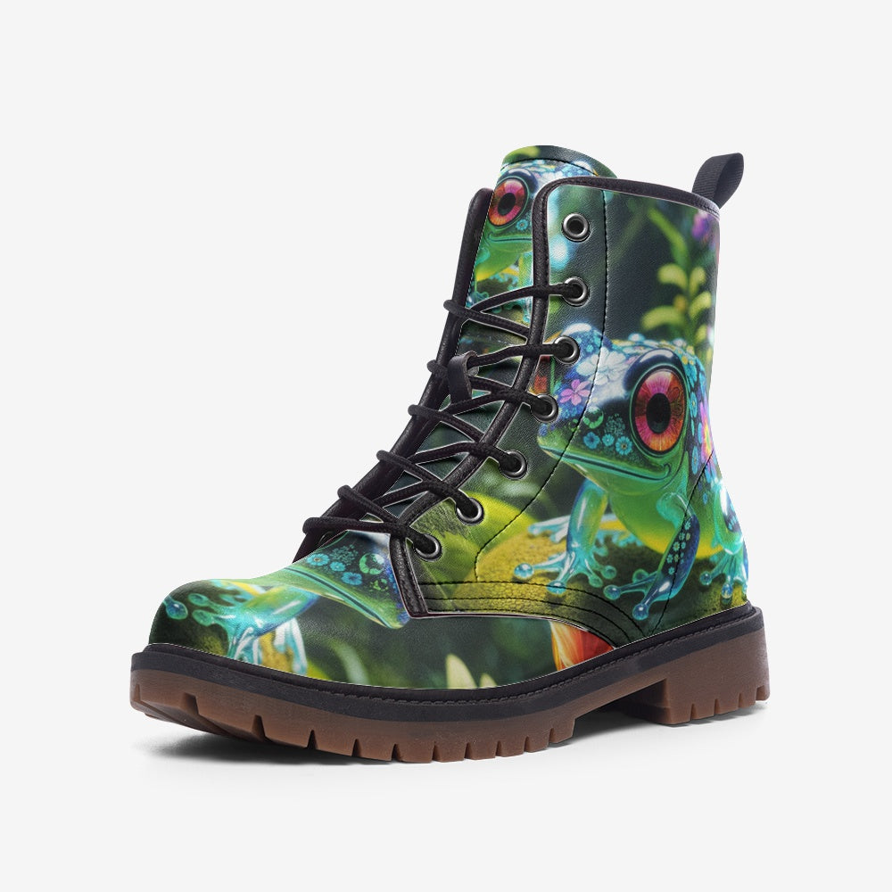 Hippie Art Zone - Cute Green Frog, Tropical Forest Creature Casual Leather Lightweight Boots For Hippies
