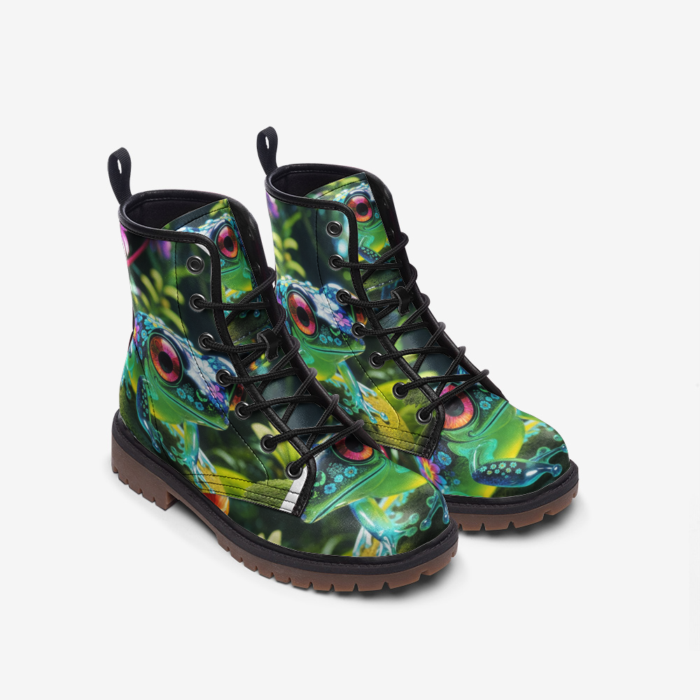 Hippie Art Zone - Cute Green Frog, Tropical Forest Creature Casual Leather Lightweight Boots For Hippies