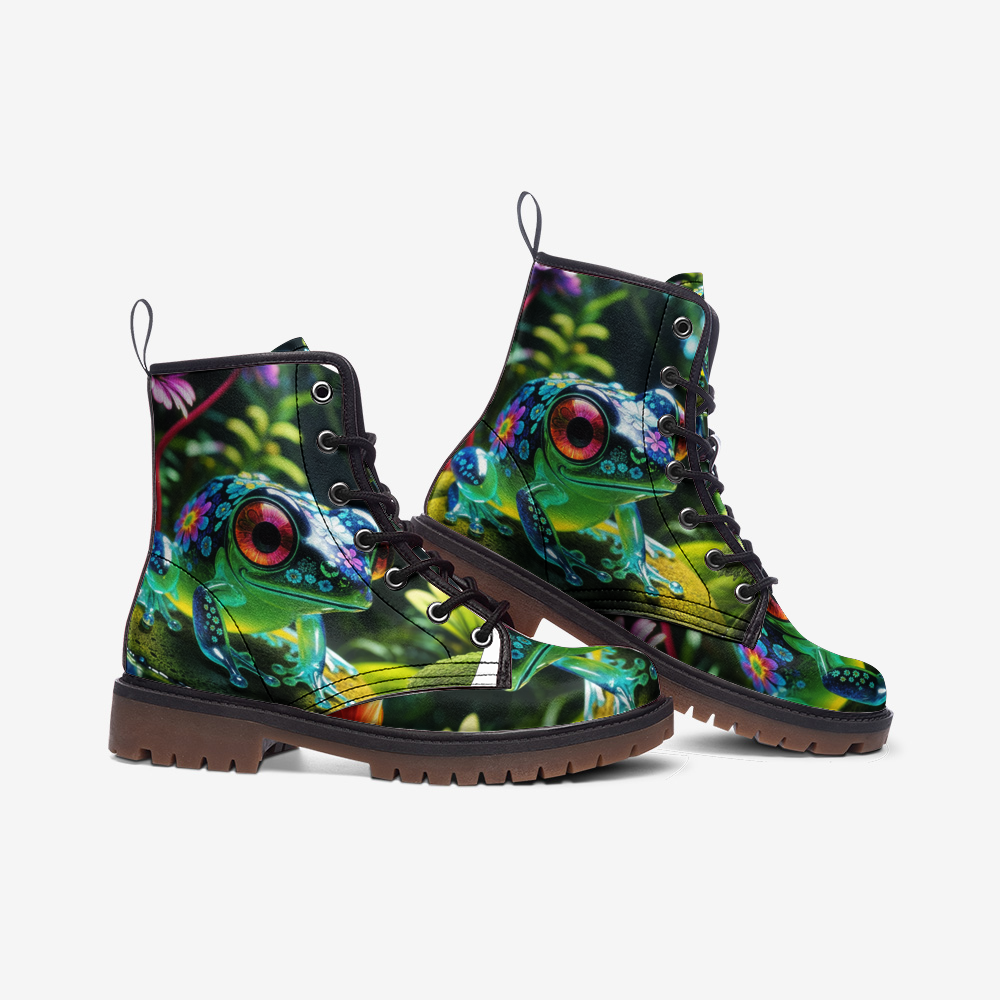 Hippie Art Zone - Cute Green Frog, Tropical Forest Creature Casual Leather Lightweight Boots For Hippies