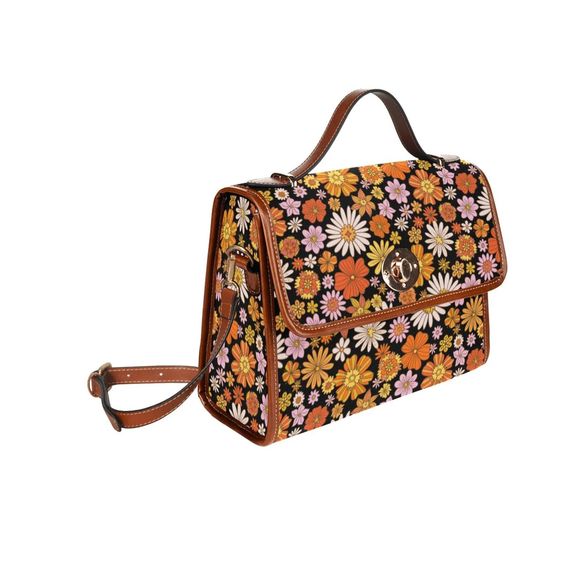 Retro 70s Hippies Daisy Floral Canvas Satchel Handbag For Boho Hippie