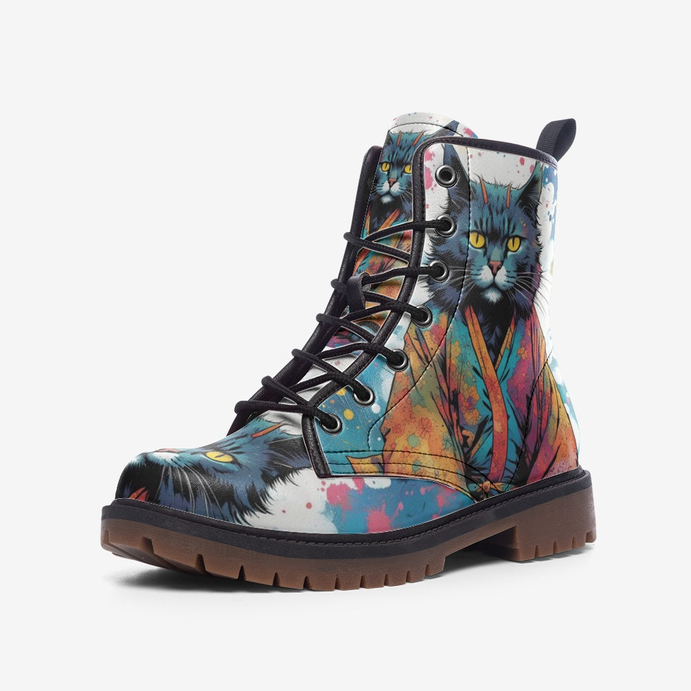 Hippie Art Zone - Japanese Cat on Leather Lightweight Boots for Hippies