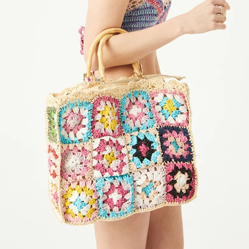 hippieartzone - Bohemian Granny Square Staw Handbags.