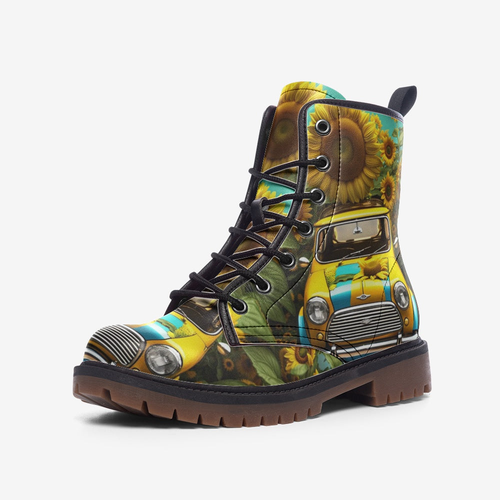 Hippie Art Zone - Sunflower Car on Leather Lightweight Boots for Hippies