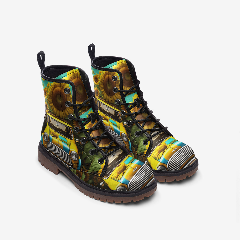 Hippie Art Zone - Sunflower Car on Leather Lightweight Boots for Hippies