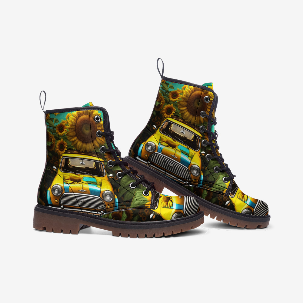 Hippie Art Zone - Sunflower Car on Leather Lightweight Boots for Hippies