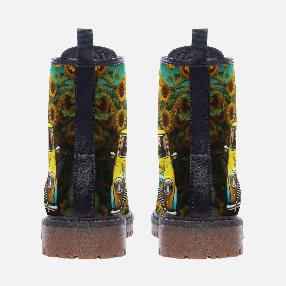 Hippie Art Zone - Sunflower Car on Leather Lightweight Boots for Hippies