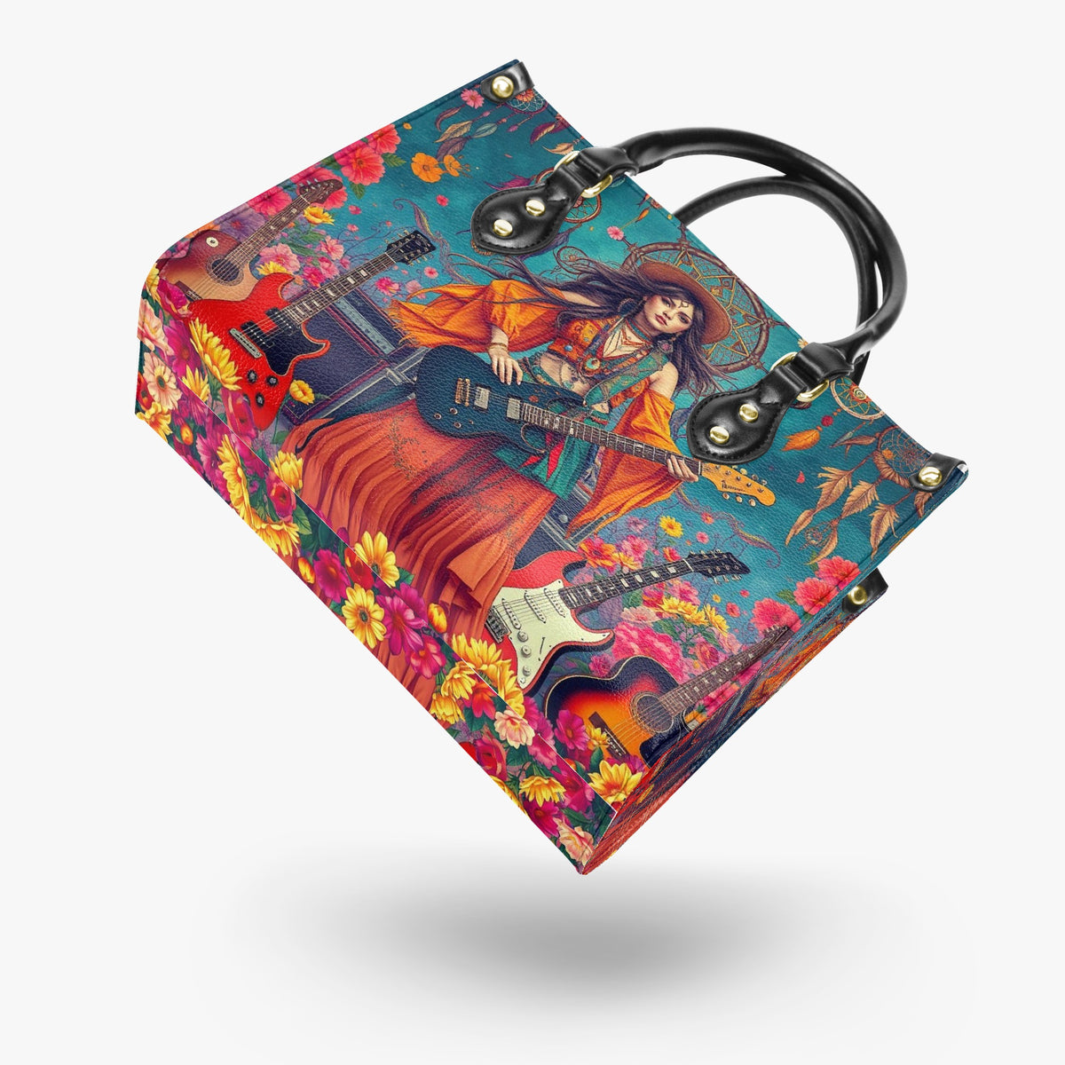 Flower Grove Guitar Girl Crossbody Bag For Boho Hippie Style