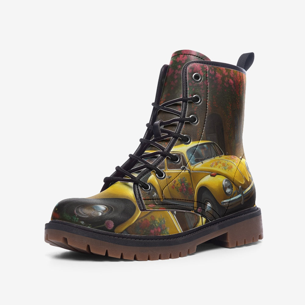 Hippie Art Zone - Yellow Volkswagen Beetle Casual Leather Lightweight Boots For Hippies