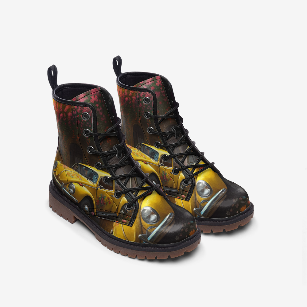 Hippie Art Zone - Yellow Volkswagen Beetle Casual Leather Lightweight Boots For Hippies