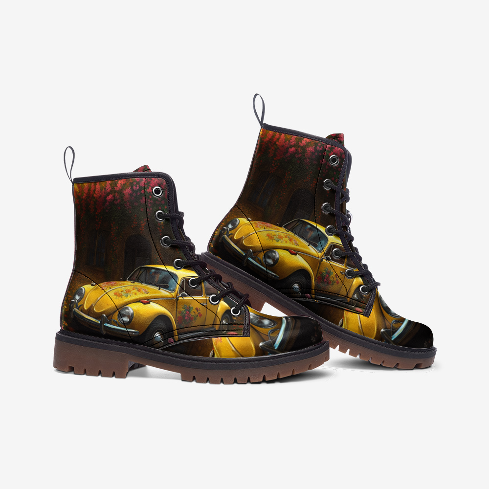 Hippie Art Zone - Yellow Volkswagen Beetle Casual Leather Lightweight Boots For Hippies