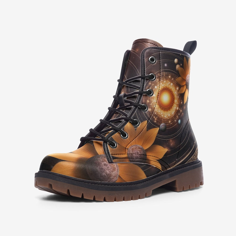 Hippie Art Zone - Flowers in The Galaxy Leather Lightweight Boots for Hippies